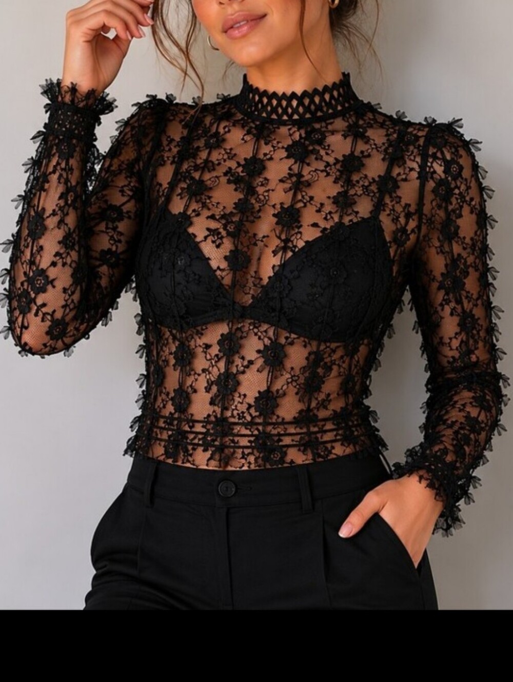 Black Sheer Lace Long-Sleeve Sheer Top - Women's